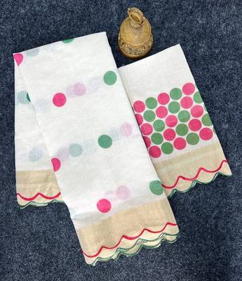 white-multi color linen cotton blend digital printed gold zari cut work border sarees 5