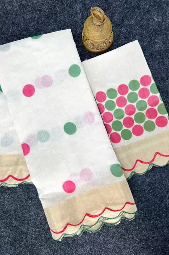 white-multi color linen cotton blend digital printed gold zari cut work border sarees