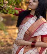 white-red color checks linen cotton blend digital printed sarees