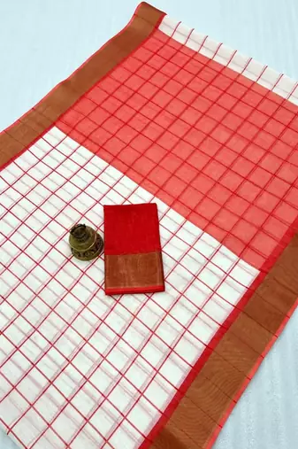 white-red color checks linen cotton blend digital printed sarees