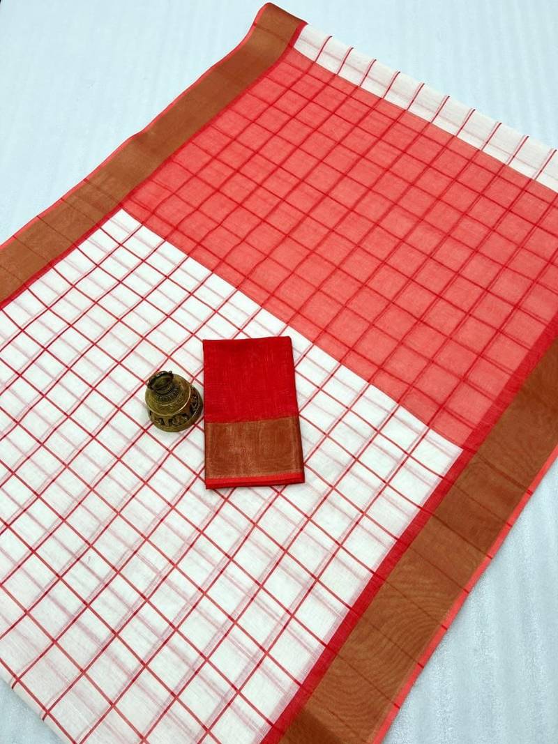 white-red color checks linen cotton blend digital printed sarees