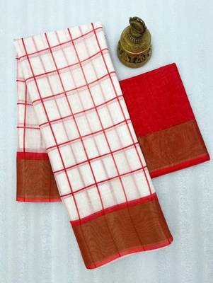 white-red color checks linen cotton blend digital printed sarees 3