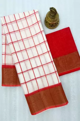 white-red color checks linen cotton blend digital printed sarees