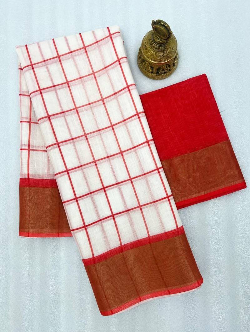 white-red color checks linen cotton blend digital printed sarees