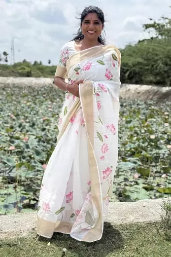 White-pink green color flower checks linen cotton blend digital printed sarees