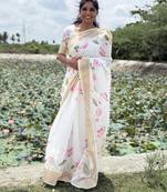 White-pink green color flower checks linen cotton blend digital printed sarees