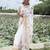 White-pink green color flower checks linen cotton blend digital printed sarees