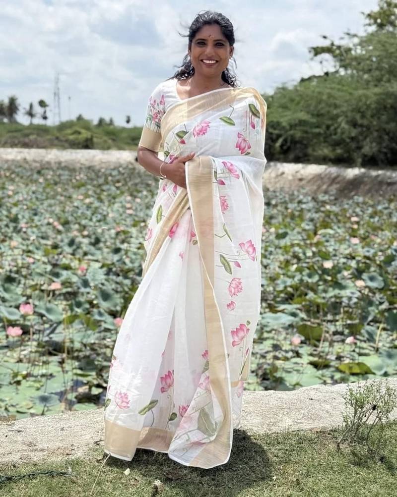 White-pink green color flower checks linen cotton blend digital printed sarees