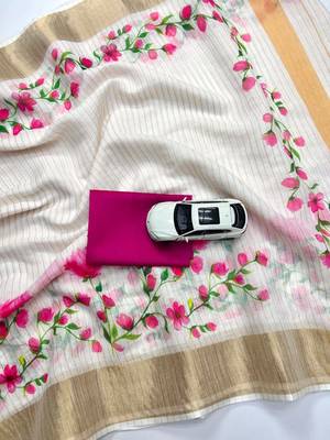 white-pink green color flower checks linen cotton blend digital printed sarees 1