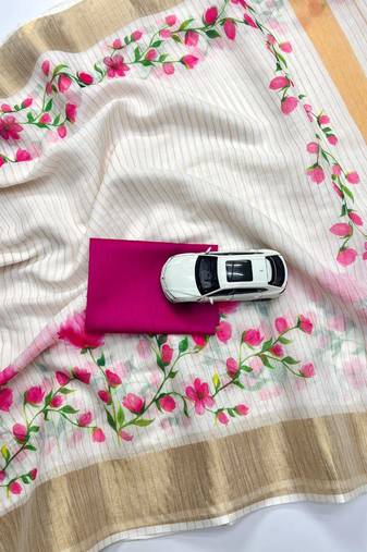 white-pink green color flower checks linen cotton blend digital printed sarees