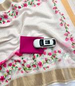 white-pink green color flower checks linen cotton blend digital printed sarees