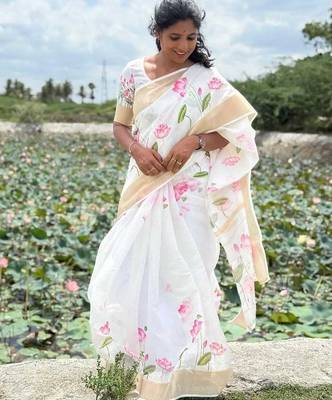 White-pink green color flower checks linen cotton blend digital printed sarees 2