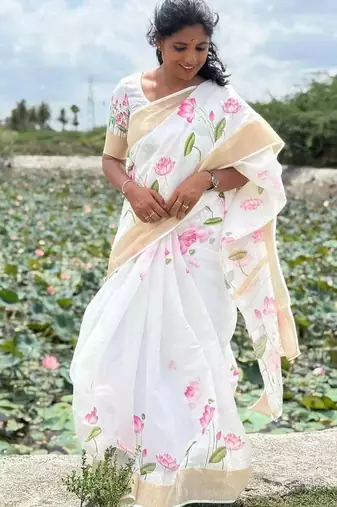 White-pink green color flower checks linen cotton blend digital printed sarees