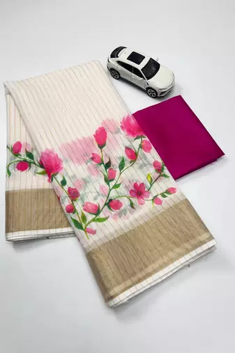 white-pink green color flower checks linen cotton blend digital printed sarees