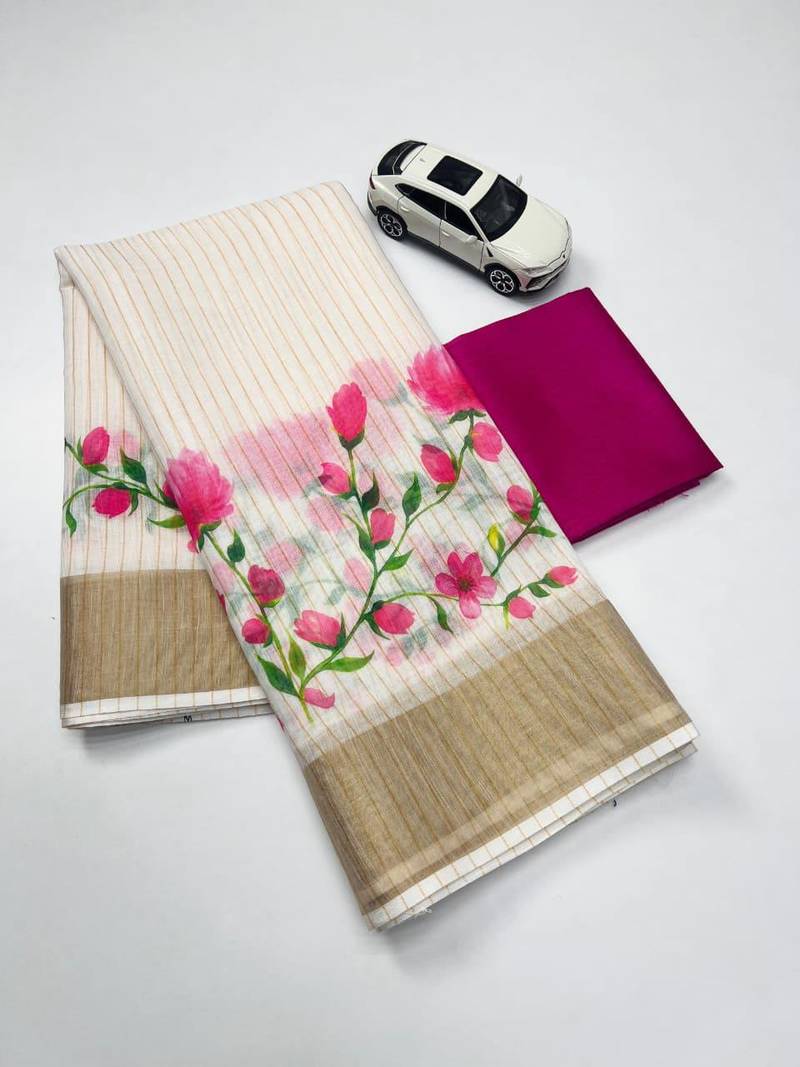 white-pink green color flower checks linen cotton blend digital printed sarees