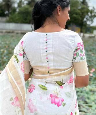 White-pink green color flower checks linen cotton blend digital printed sarees 3
