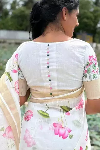White-pink green color flower checks linen cotton blend digital printed sarees