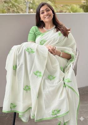 white green color linen cotton blend digital printed fancy lace border sarees 1