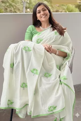 white green color linen cotton blend digital printed fancy lace border sarees