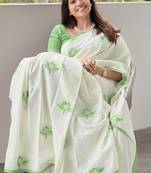 white green color linen cotton blend digital printed fancy lace border sarees