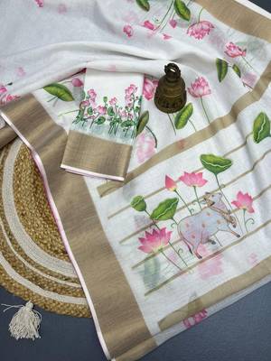 White-pink green color flower checks linen cotton blend digital printed sarees 4