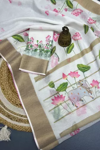 White-pink green color flower checks linen cotton blend digital printed sarees