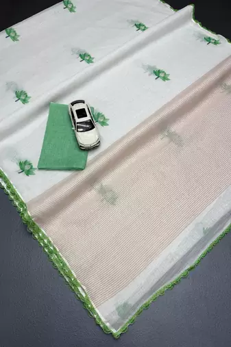 white green color linen cotton blend digital printed fancy lace border sarees