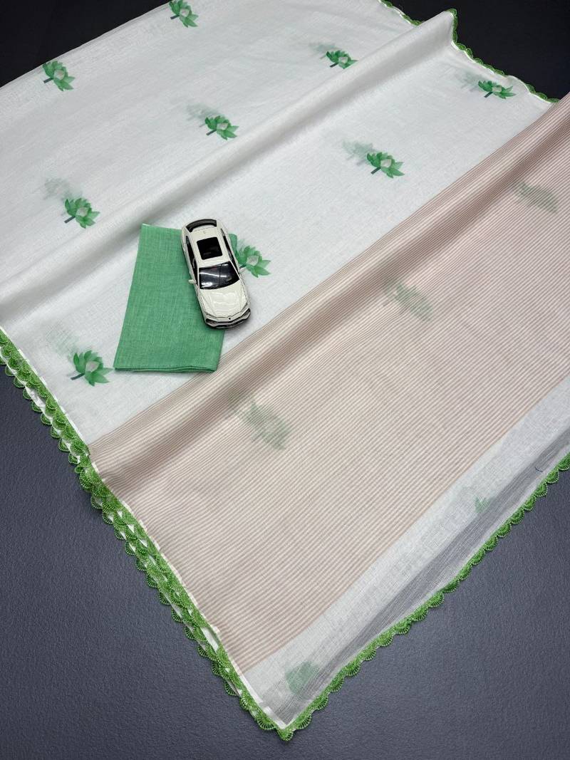 white green color linen cotton blend digital printed fancy lace border sarees