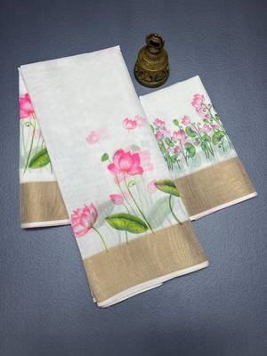 White-pink green color flower checks linen cotton blend digital printed sarees 5