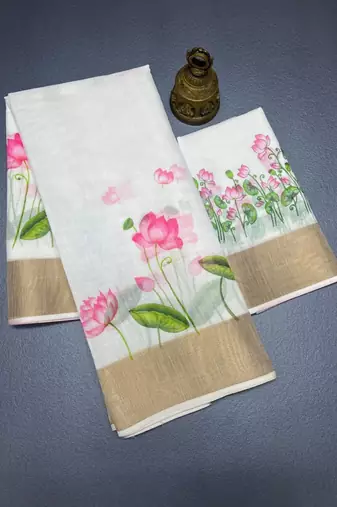White-pink green color flower checks linen cotton blend digital printed sarees