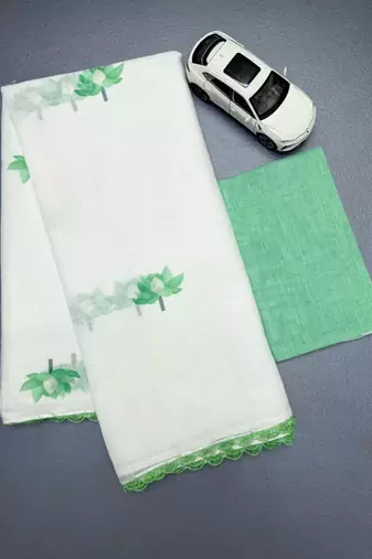white green color linen cotton blend digital printed fancy lace border sarees