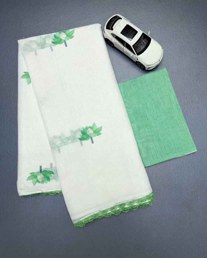 white green color linen cotton blend digital printed fancy lace border sarees