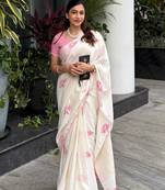 white pink color linen cotton blend digital printed fancy lace border sarees
