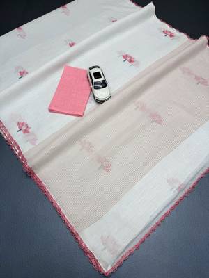 white pink color linen cotton blend digital printed fancy lace border sarees 3