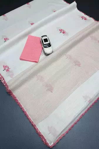white pink color linen cotton blend digital printed fancy lace border sarees