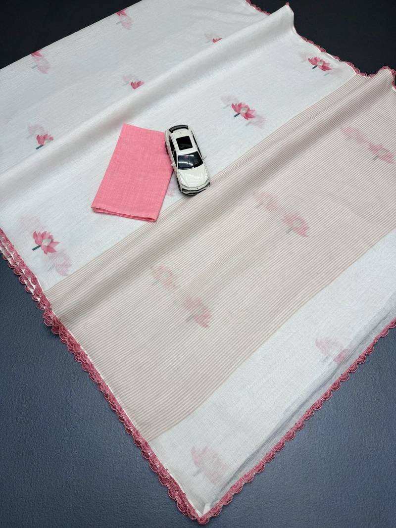 white pink color linen cotton blend digital printed fancy lace border sarees
