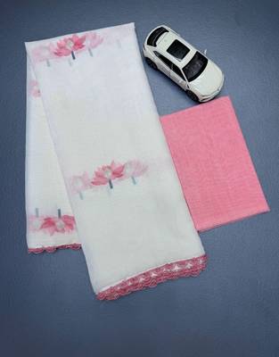 white pink color linen cotton blend digital printed fancy lace border sarees 4