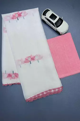 white pink color linen cotton blend digital printed fancy lace border sarees