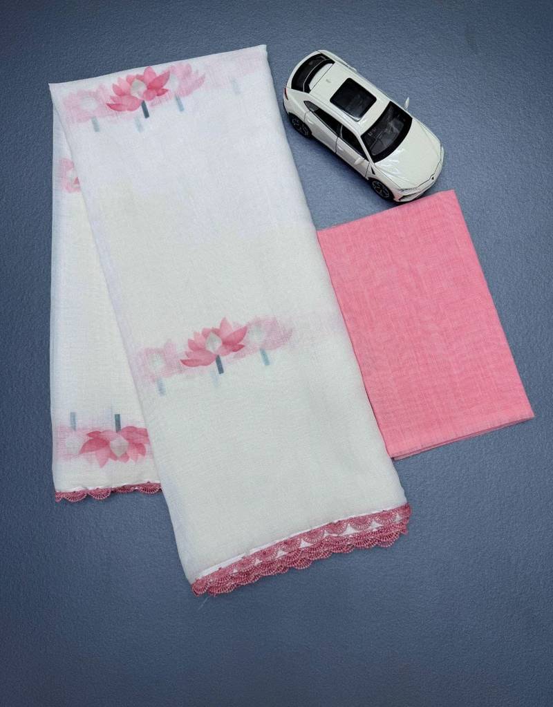 white pink color linen cotton blend digital printed fancy lace border sarees