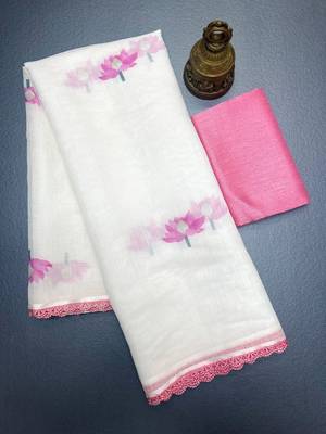 white pink color linen cotton blend digital printed fancy lace border sarees 5