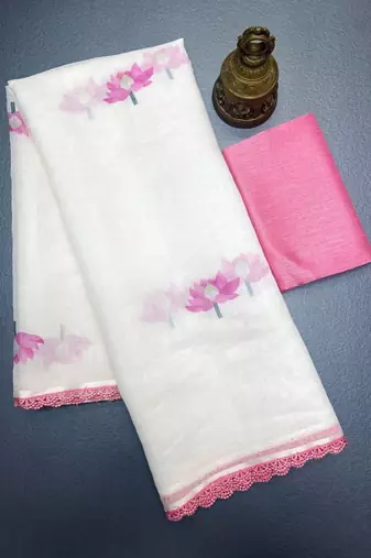 white pink color linen cotton blend digital printed fancy lace border sarees