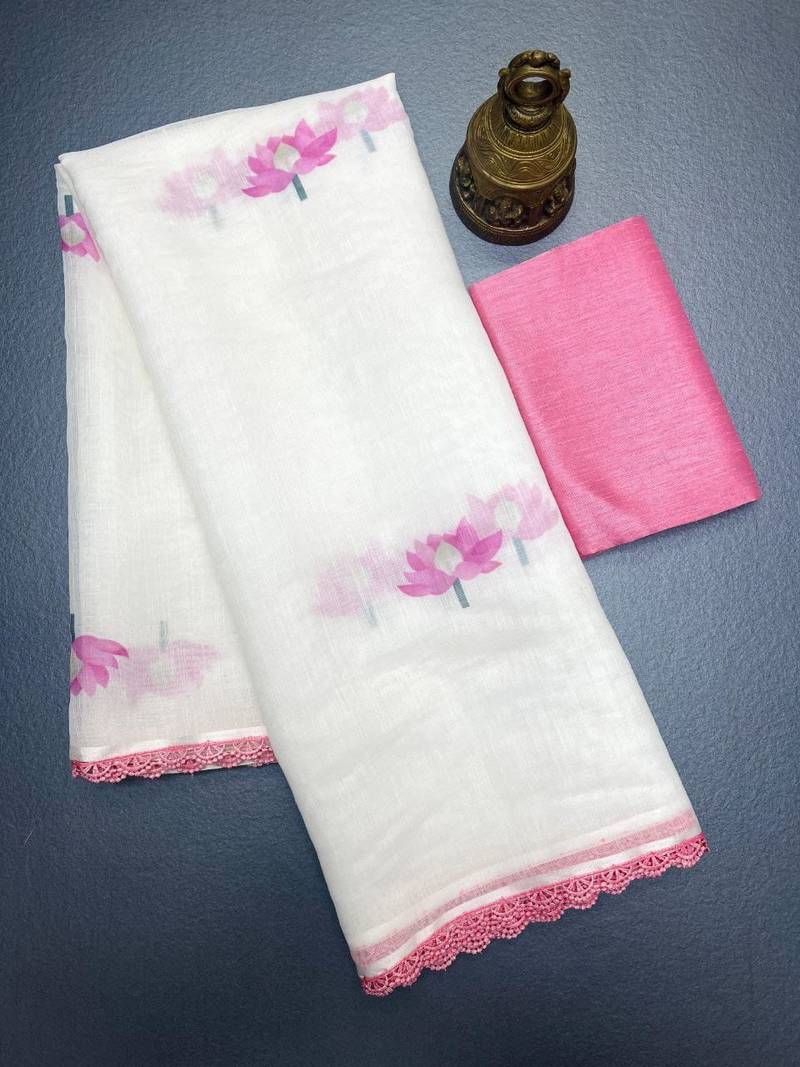 white pink color linen cotton blend digital printed fancy lace border sarees