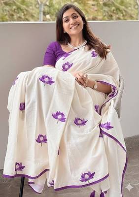 white purple color linen cotton blend digital printed fancy lace border sarees 1