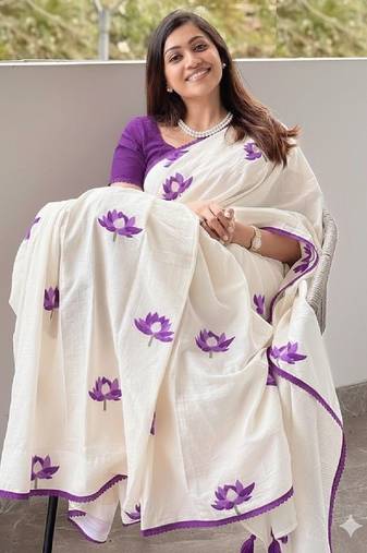 white purple color linen cotton blend digital printed fancy lace border sarees