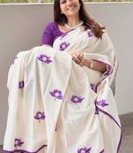 white purple color linen cotton blend digital printed fancy lace border sarees