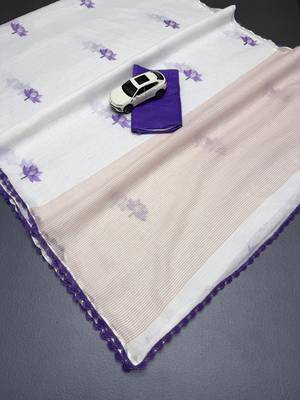 white purple color linen cotton blend digital printed fancy lace border sarees 2