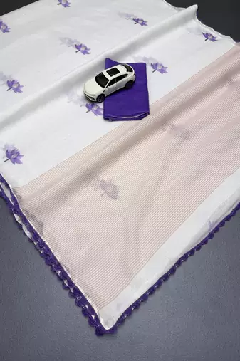 white purple color linen cotton blend digital printed fancy lace border sarees