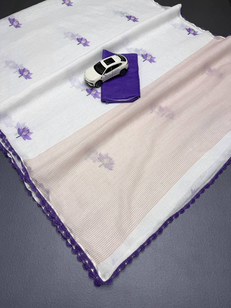white purple color linen cotton blend digital printed fancy lace border sarees
