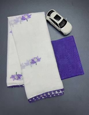 white purple color linen cotton blend digital printed fancy lace border sarees 3