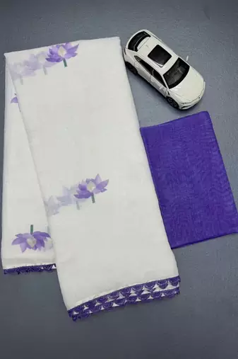 white purple color linen cotton blend digital printed fancy lace border sarees